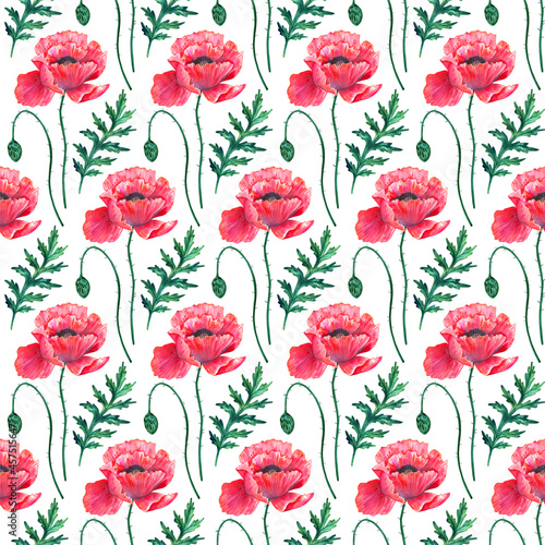 Seamless pattern with red poppy flowers. Watercolor papaver. Green stems and leaves. Hand drawn botanical illustration. On white. Texture for print, fabric, textile, wallpaper.