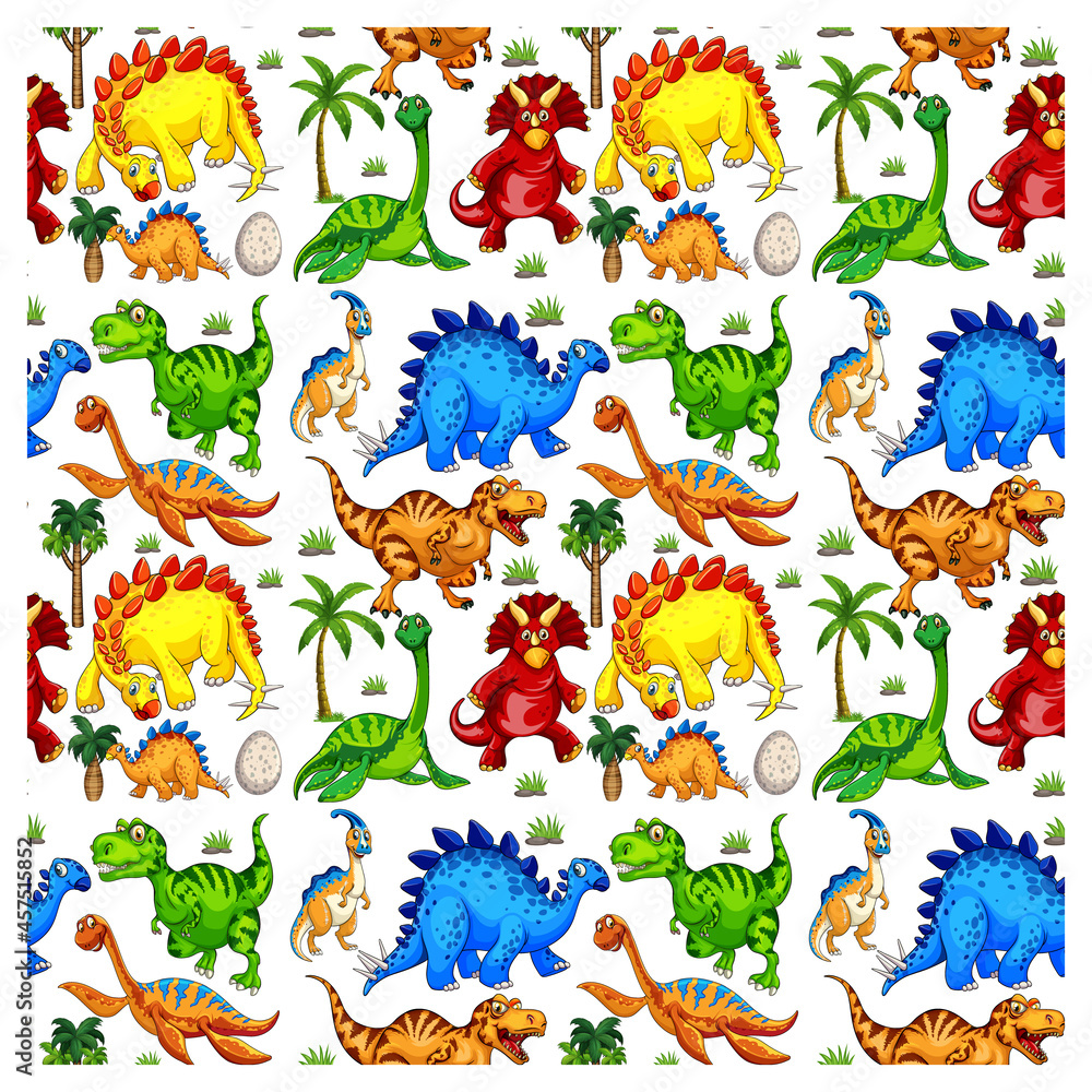 Seamless pattern with various dinosaurs on white background