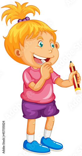 Cute girl holding a pencil cartoon character isolated on white background