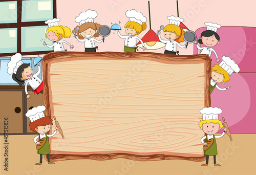 Empty wooden in kitchen scene with many kids doodle cartoon character
