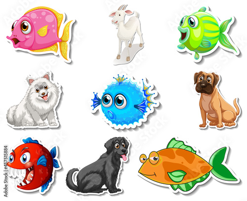 Set of stickers with sea animals and dogs cartoon character