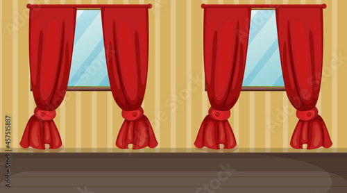 Empty room with yellow striped and red curtains