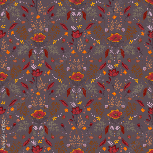 Retro Autumn pattern with berries,pine cone,nuts,flowers ,branches and leaves Seamless vector . Fall colorful floral background.pattern for fashion,fabric and all prints
