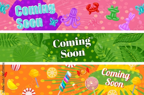 Collection coming soon horizontal banner summer holiday vector flat illustration promo advertising