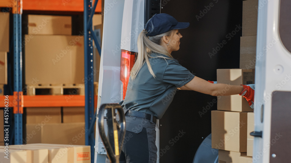 Portrait of Beautiful White Woman Worker Loading Delivery Track with Cardboard Boxes. Happy Professional Working in Logistics Retail Center, Delivering e-Commerce Online Orders, Food, Medicine Supply