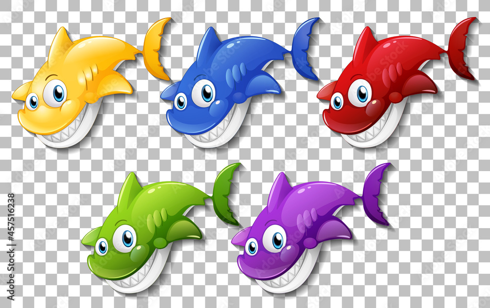 Fototapeta premium Set of many smiling cute shark cartoon character isolated on transparent background