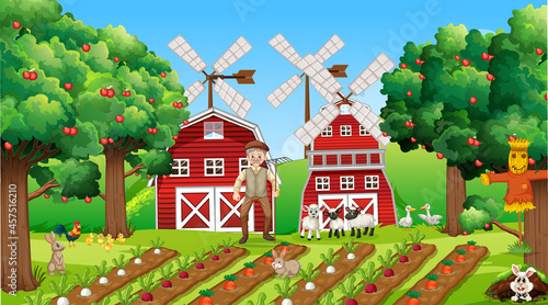 Farm scene at daytime with old farmer man and cute animals