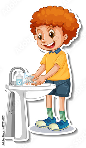 A sticker template with a boy washing hands with soap