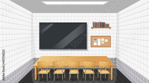 Classroom interior design with furniture and decoration