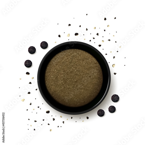 Ground black pepper in a bowl with whole and roughly cracked peppercorns isolated on white background. Realistic vector illustration. Top view.