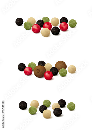 Three, four and five peppercorn medley mixes (green, black, pink (Peruvian or Brazilian), white and Jamaican allspice). Realistic vector illustration. Side view.