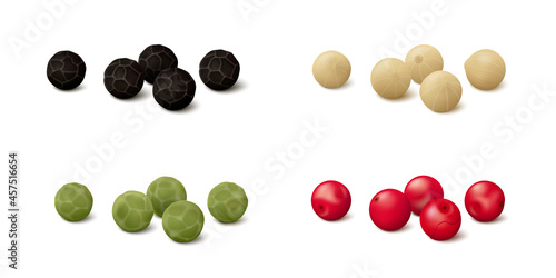 Groups of several peppercorns of different colors (white, green and black pepper, pink (Brazilian or Peruvian)). Realistic vector illustration. Side view.