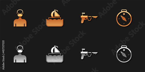 Set Swimmer, Yacht sailboat, Fishing harpoon and Compass icon. Vector