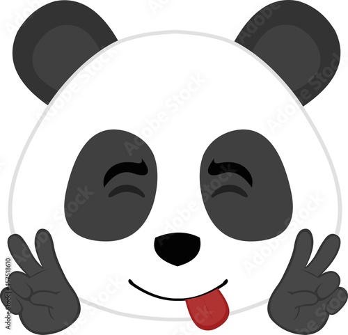 Vector emoticon illustration of the face of a cartoon panda bear with his tongue out and making a gesture of love and peace with his hands