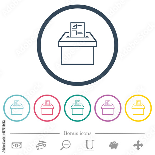 Voting paper and ballot box outline flat color icons in round outlines