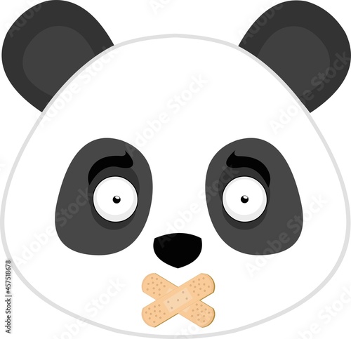Vector emoticon illustration of the face of a cartoon panda bear with adhesive bands covering its mouth