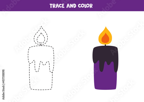 Trace and color Halloween candle. Worksheet for kids.