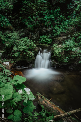 Waterfalls on the river Bila Opava Jeseniky Mountains Czech Republic.Deep valley lush green forest numerous cascades rock formations and romantic areas.Wild mountain stream long exposure motion water