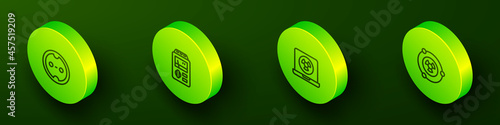 Set Isometric line Electrical outlet, Dosimeter, Nuclear laptop and Radioactive icon. Vector