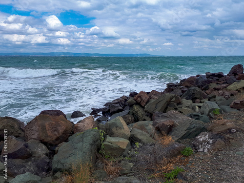 Scenic view of rocky coastline with plants at the Black Sea against cloudy sky in summer in Pomorie, Burgas Bay, Bulgaria.
