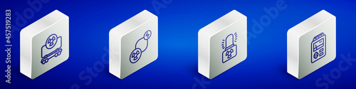 Set Isometric line Radioactive cargo train, exchange energy, warning lamp and Dosimeter icon. Vector