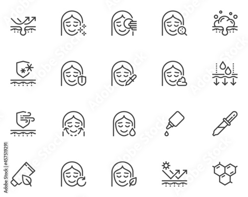 Skin care, Cosmetic Products, Cream, Serum. Moisturizing and Healthy Skin. Simple Vector Line Icons. Editable Stroke. 48x48 Pixel Perfect.