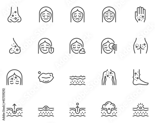 Skin care, Acne, Dermatology, Treatment. Simple Vector Line Icons. Editable Stroke. 48x48 Pixel Perfect.