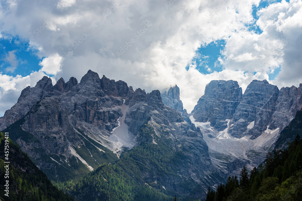 Mountain peak of Monte Cristallo (crystal mountain), north face 3221 m., Sesto Dolomites near Cortina d'Ampezzo (Dolomiti Ampezzane), UNESCO world heritage site, Veneto and Trentino-Alto Adige, Italy