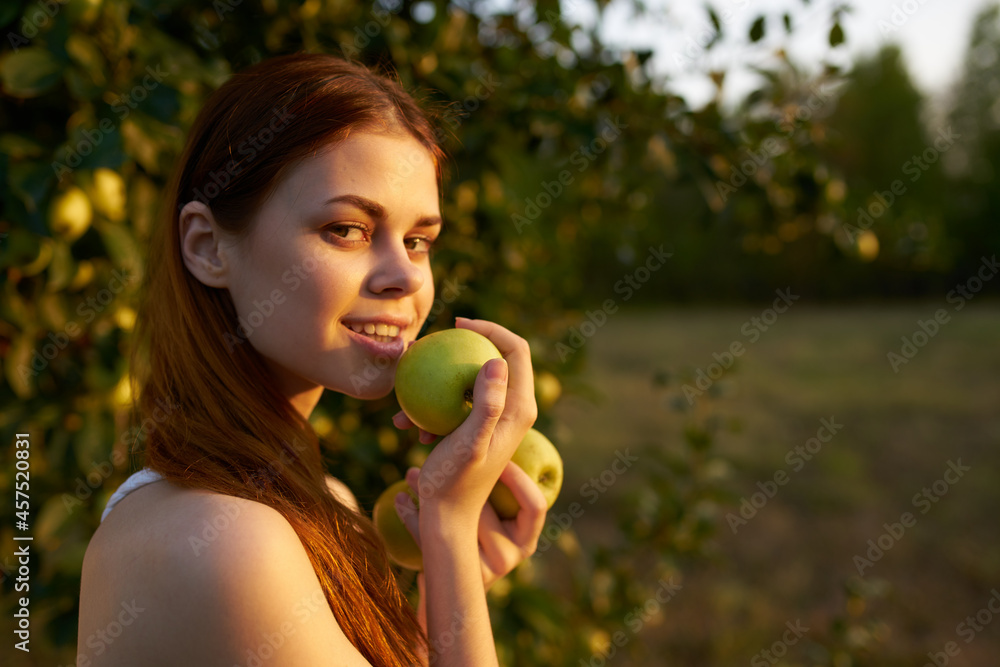 pretty woman in white dress with apples in hands fruit nature pretty woman in white dress with apples in hands fruit nature