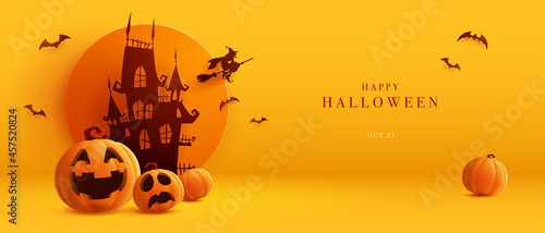 3D illustration of Halloween theme banner with group of Jack O Lantern pumpkin and paper graphic style of castle on background.  photo