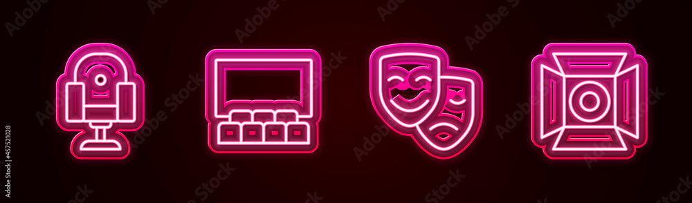Set line Director movie chair, Cinema auditorium with screen, Comedy and tragedy masks and Movie spotlight. Glowing neon icon. Vector Set line Director movie chair, Cinema auditorium with screen, Comedy and tragedy masks and Movie spotlight. Glowing neon icon. Vector