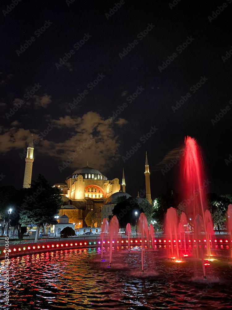 Night view of Hagia Sophia Cathedral (Hagia Sophia Mosque) in Istanbul, Turkey