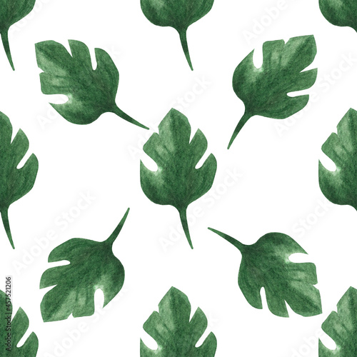 Watercolor monstera leaves, seamless pattern.
