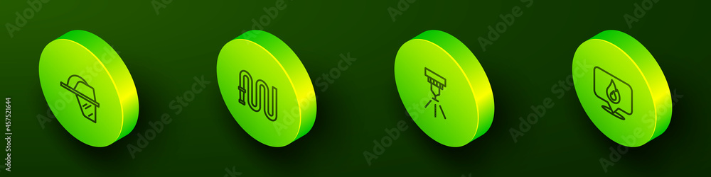 Set Isometric line Firefighter helmet, hose reel, sprinkler system and Location with fire flame icon. Vector Set Isometric line Firefighter helmet, hose reel, sprinkler system and Location with fire flame icon. Vector