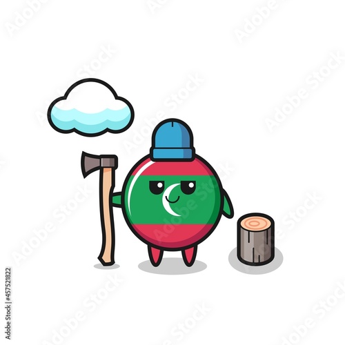 Character cartoon of maldives flag badge as a woodcutter