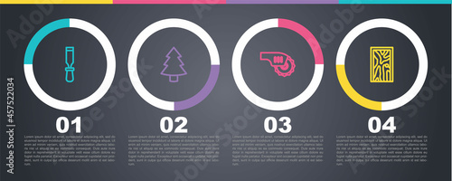 Set line Chisel tool, Christmas tree, Electric circular saw and Closed door. Business infographic template. Vector