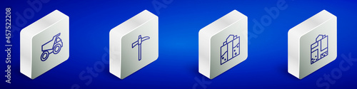 Set Isometric line Mining dump truck, Pickaxe, Mine entrance and icon. Vector