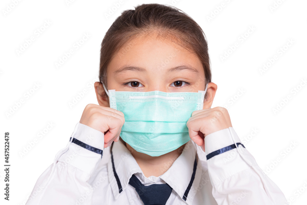 Girl in a medical mask.Isolated on white background. Girl in a medical mask.Isolated on white background.