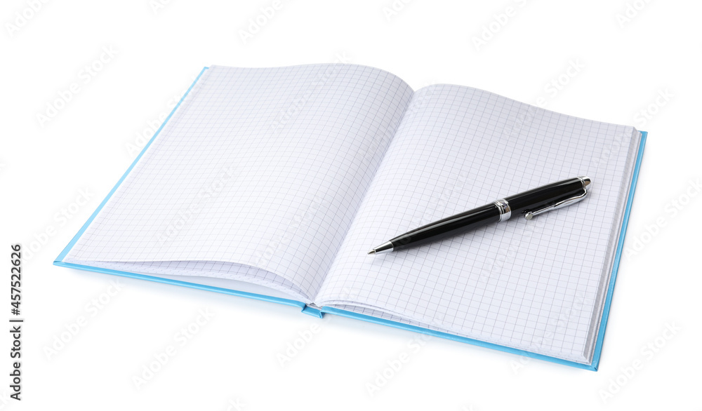 Open notebook with blank sheets and pen isolated on white Open notebook with blank sheets and pen isolated on white