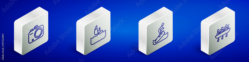 Set Isometric line Photo camera, Windsurfing, Surfboard and Canoe rowing team sports icon. Vector Set Isometric line Photo camera, Windsurfing, Surfboard and Canoe rowing team sports icon. Vector