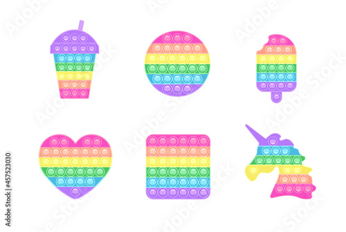 Collection shape pop-it in pastel colors. Trendy anti-stress game. Hand toy with push bubbles in rainbow colors. Vector illustration isolated on white background.