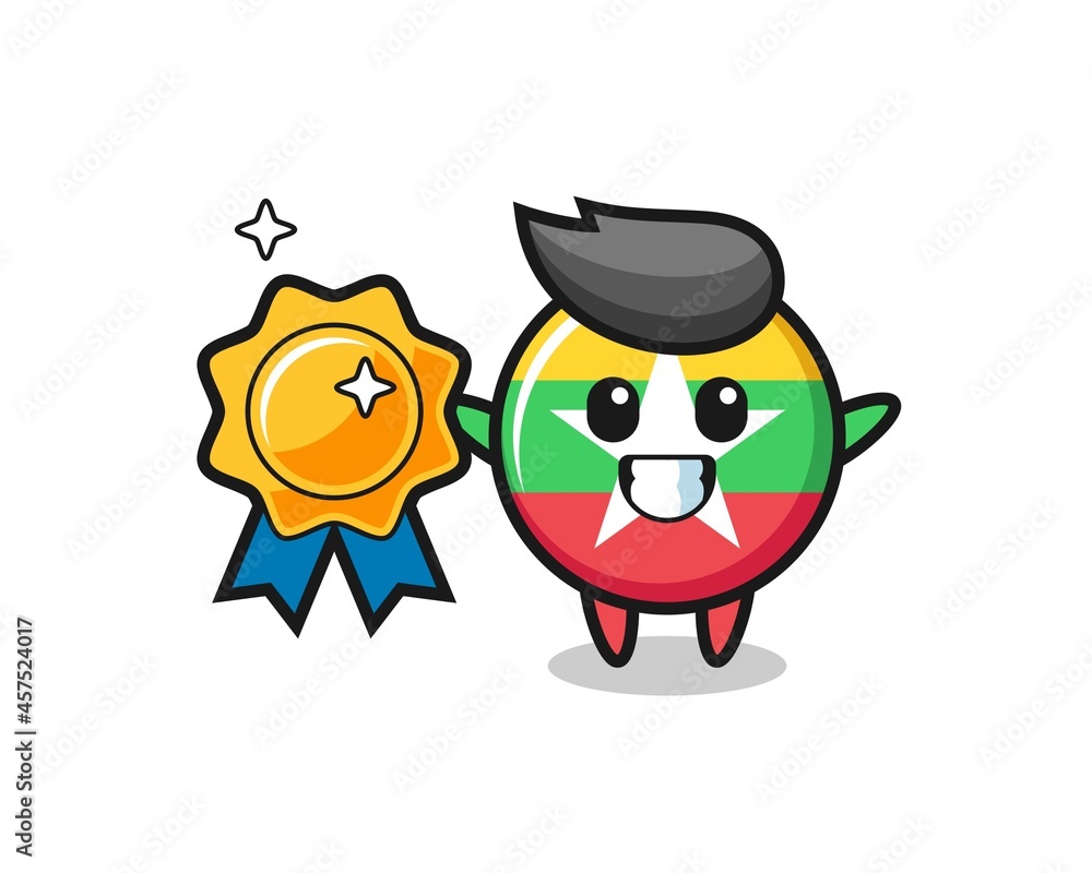 myanmar flag badge mascot illustration holding a golden badge