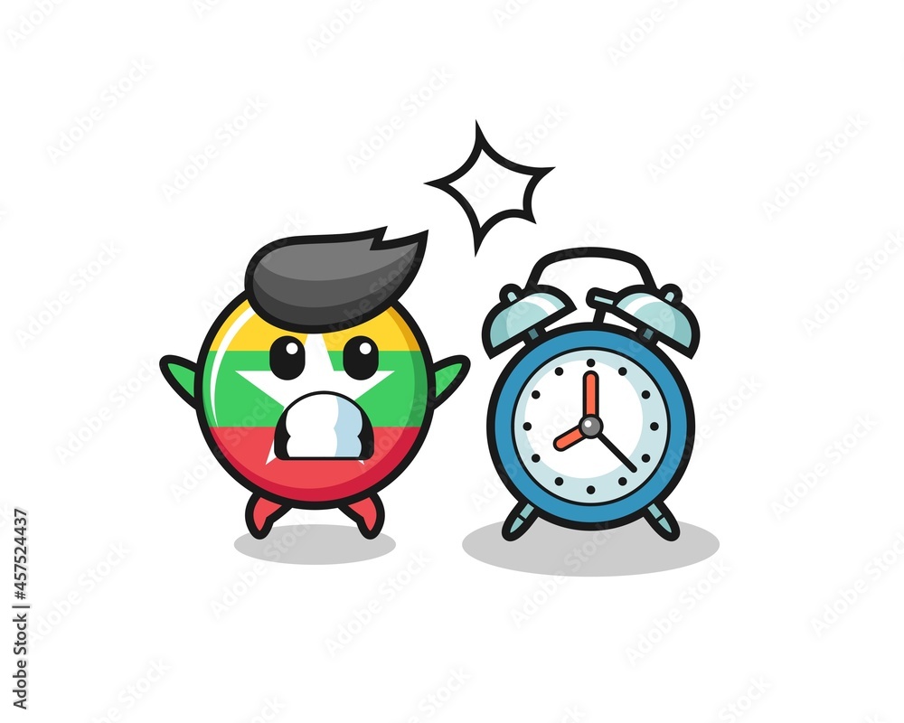 Cartoon Illustration of myanmar flag badge is surprised with a giant alarm clock Cartoon Illustration of myanmar flag badge is surprised with a giant alarm clock