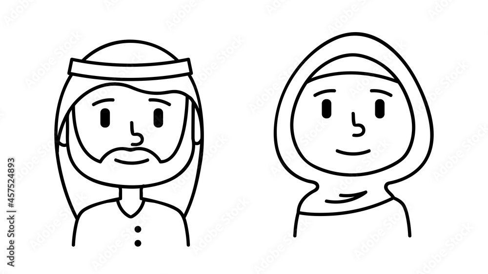 Arabic man in keffiyeh and woman in hijab linear cartoon avatars Arabic man in keffiyeh and woman in hijab linear cartoon avatars