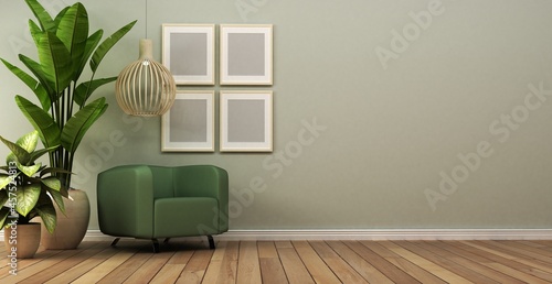 Modern scanidnavian interior with mock up photo frame, 3d Rendering