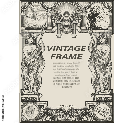 illustration antique engraving frame monochrome style
