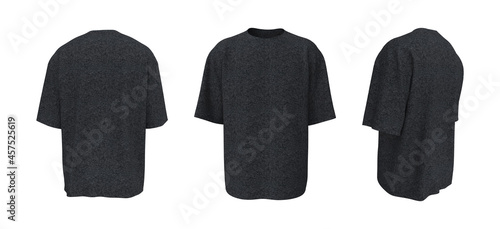 Oversized t-shirt mockup in front, side and back views, design presentation for print, 3d illustration, 3d rendering