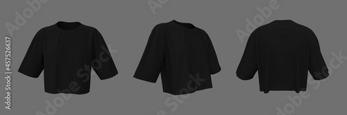 Blank crop t-shirt mockup in front, side and back views, design presentation for print, 3d illustration, 3d rendering