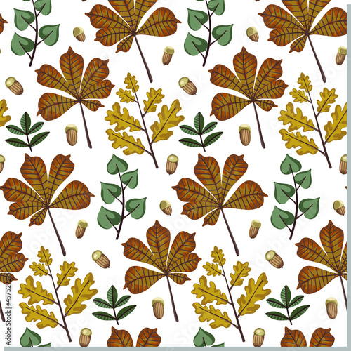 Fall nature seamless pattern. Leaves and acornstexture background. Natural art decoration. Autumn forest background.