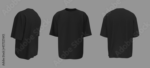 Oversized t-shirt mockup in front, side and back views, design presentation for print, 3d illustration, 3d rendering